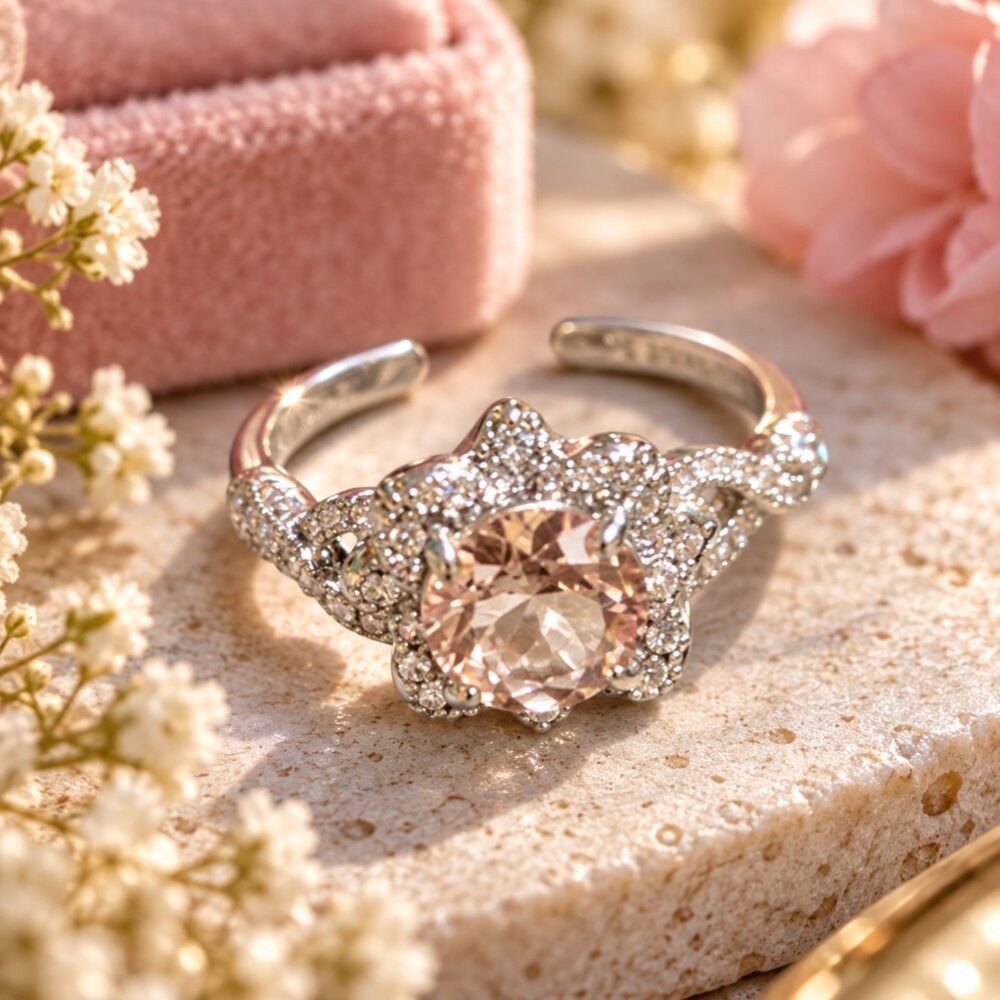 Bomb Party Pink Crystal Flower Ring Silver Tone Adjustable Sparkle Statement 4.5